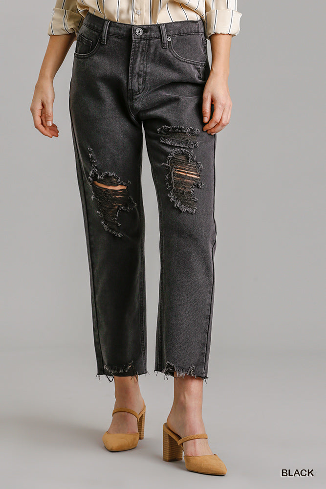 5 Pockets Non-stretch Straight Cut Distressed Denim Jeans With Raw Hem_ jeans jehouze 