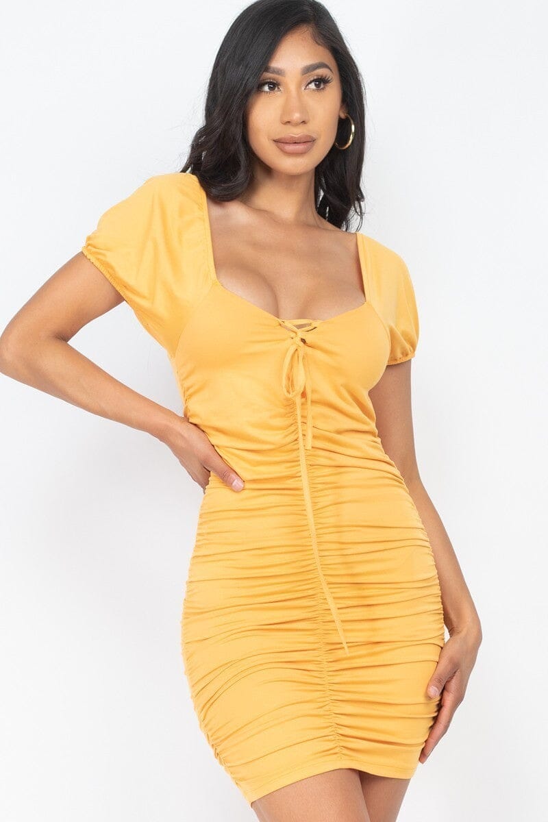Amber Yellow Front Lace Up V Neck Short Sleeve Bodycon Ruched Party Clubwear Mini Dress Dresses jehouze S 