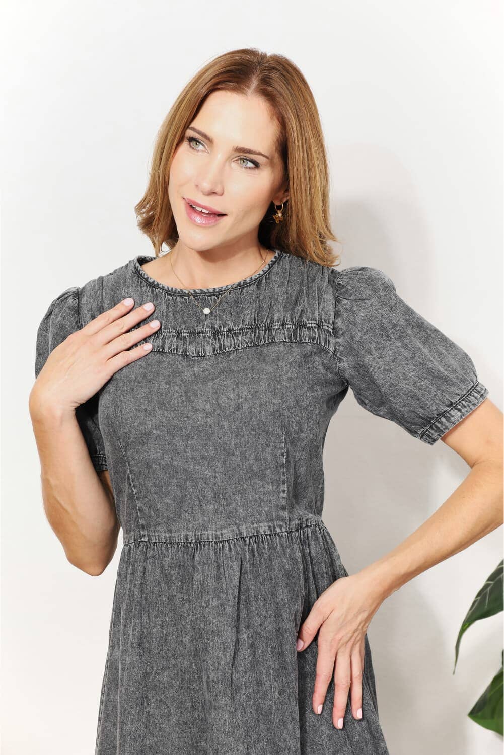 And The Why Charcoal Grey Round Neck Short Sleeves Washed Chambray Midi A Line Dress Dresses jehouze 