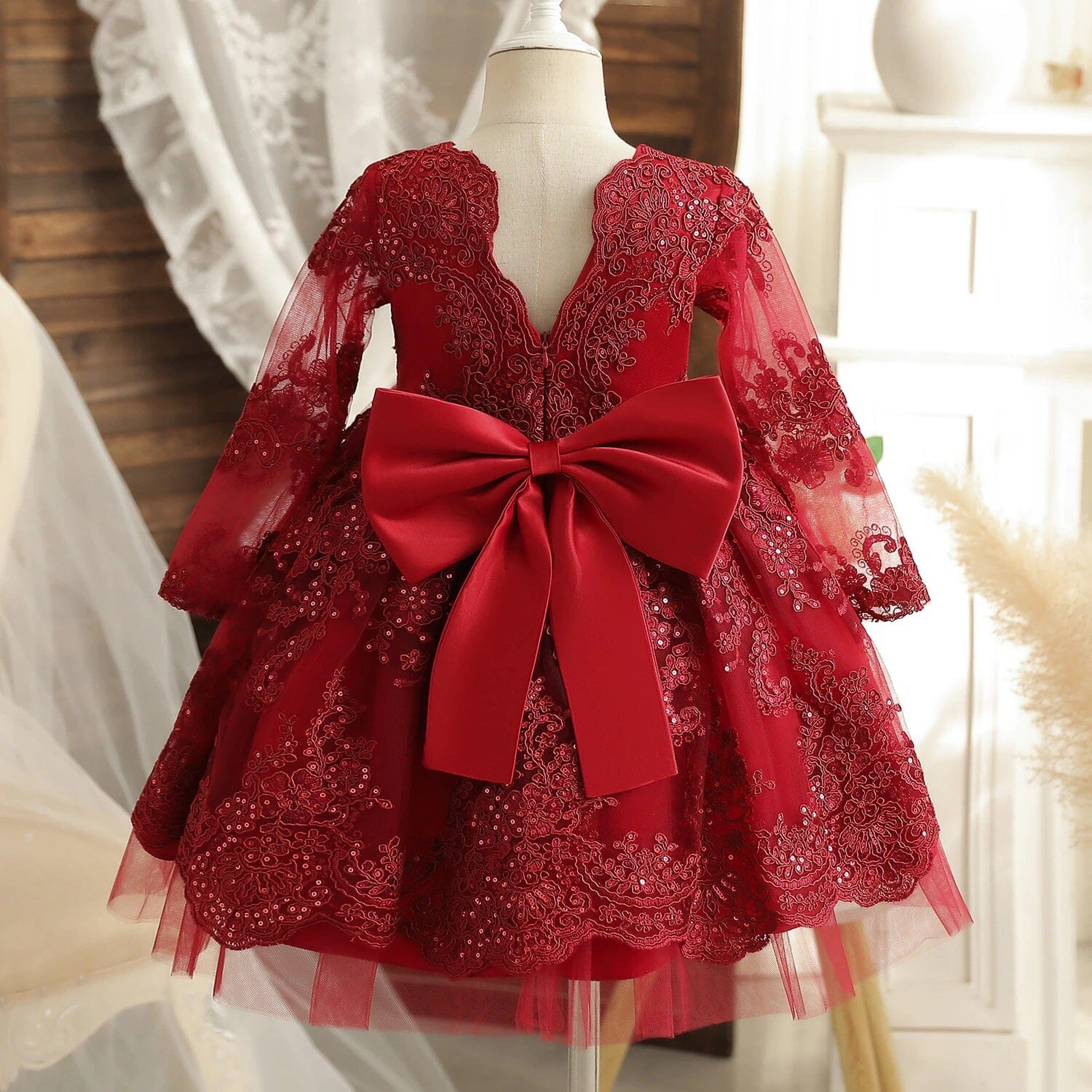 Baby Girls Children Toddler Lace Flower Princess Formal Prom Tutu Ball Gown_ girls dress jehouze Red 9M 