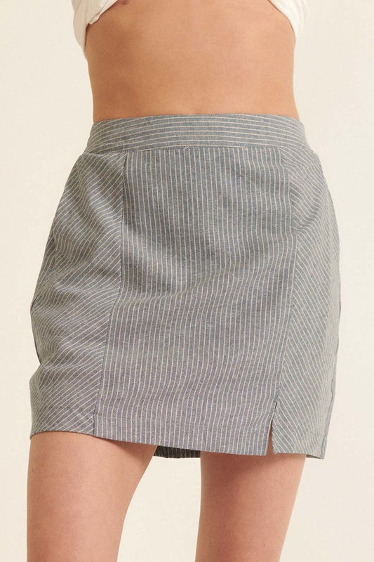 Banded Front Waist Pinstripe Denim Blue Mini Skirt_ Skirts jehouze 