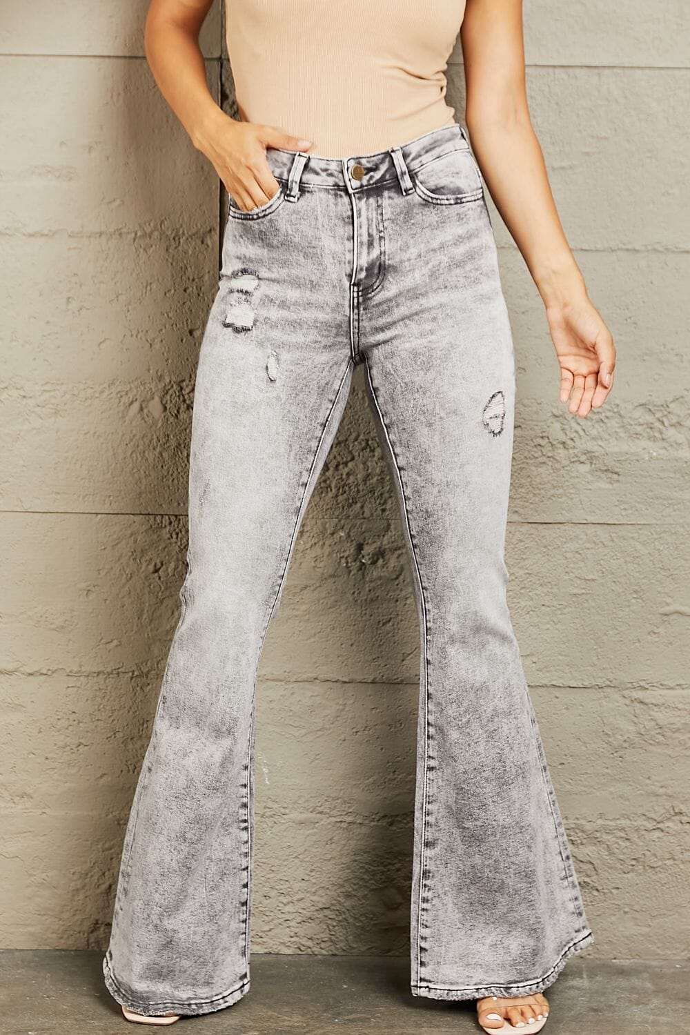 BAYEAS Charcoal Grey High Waisted Acid Wash Flare Jeans jeans jehouze 