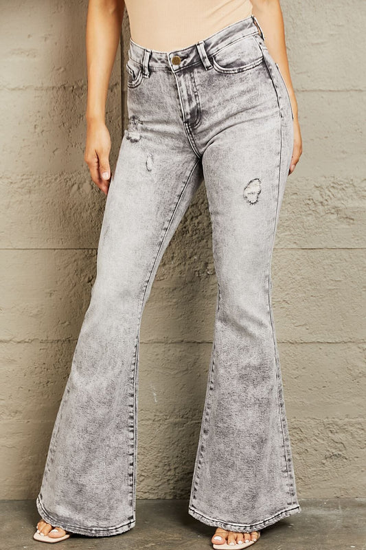 BAYEAS Charcoal Grey High Waisted Acid Wash Flare Jeans jeans jehouze Charcoal 24 