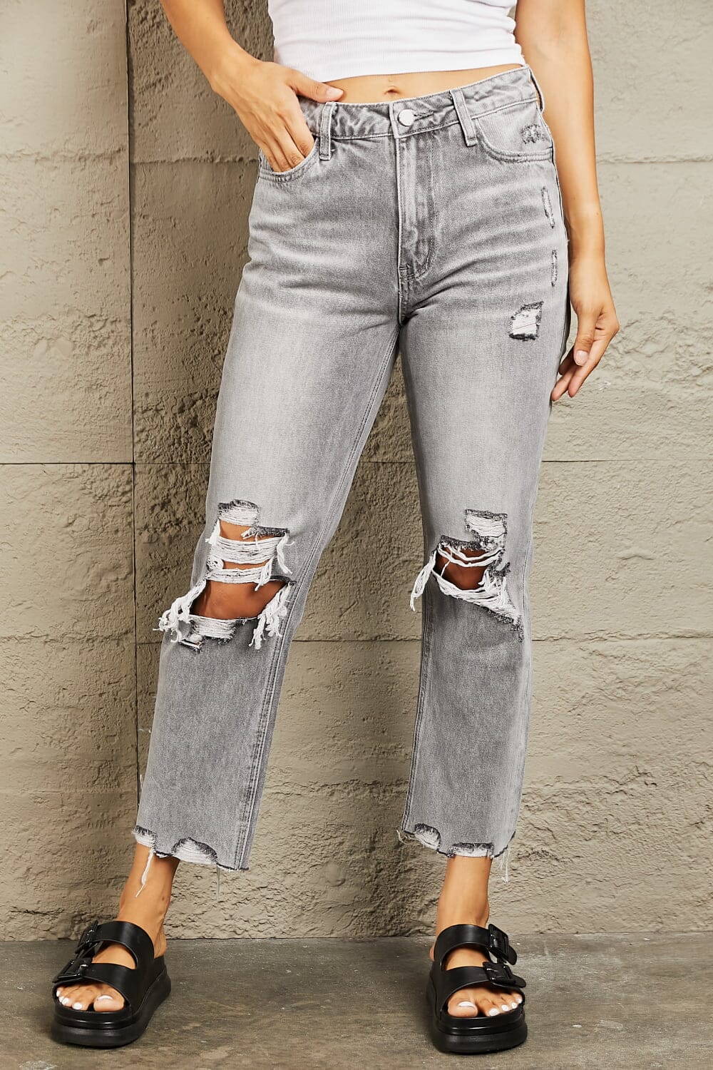 BAYEAS Charcoal Grey High Waisted Cropped Straight Jeans jeans jehouze 
