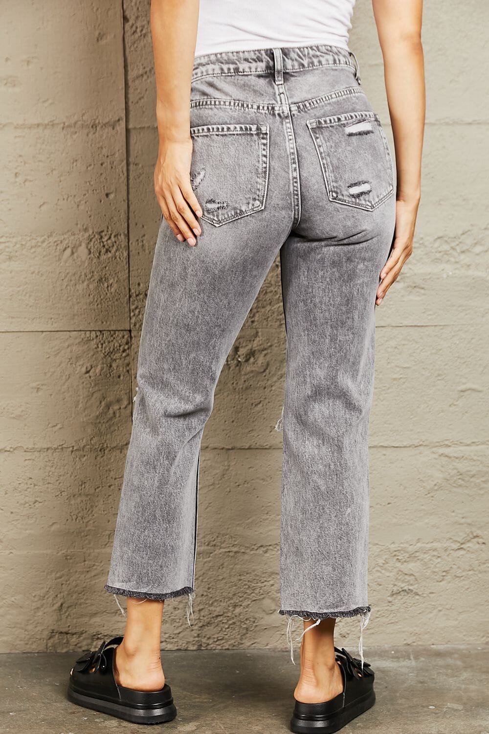 BAYEAS Heather Grey Acid Wash Distressed Cropped Straight Jeans jeans jehouze 