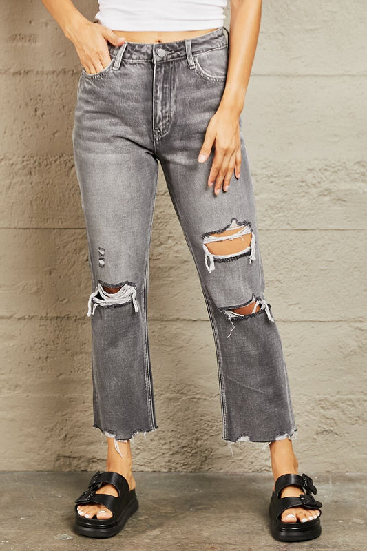BAYEAS Heather Grey Mid Rise Distressed Cropped Dad Jeans jeans jehouze Heather Gray 24 