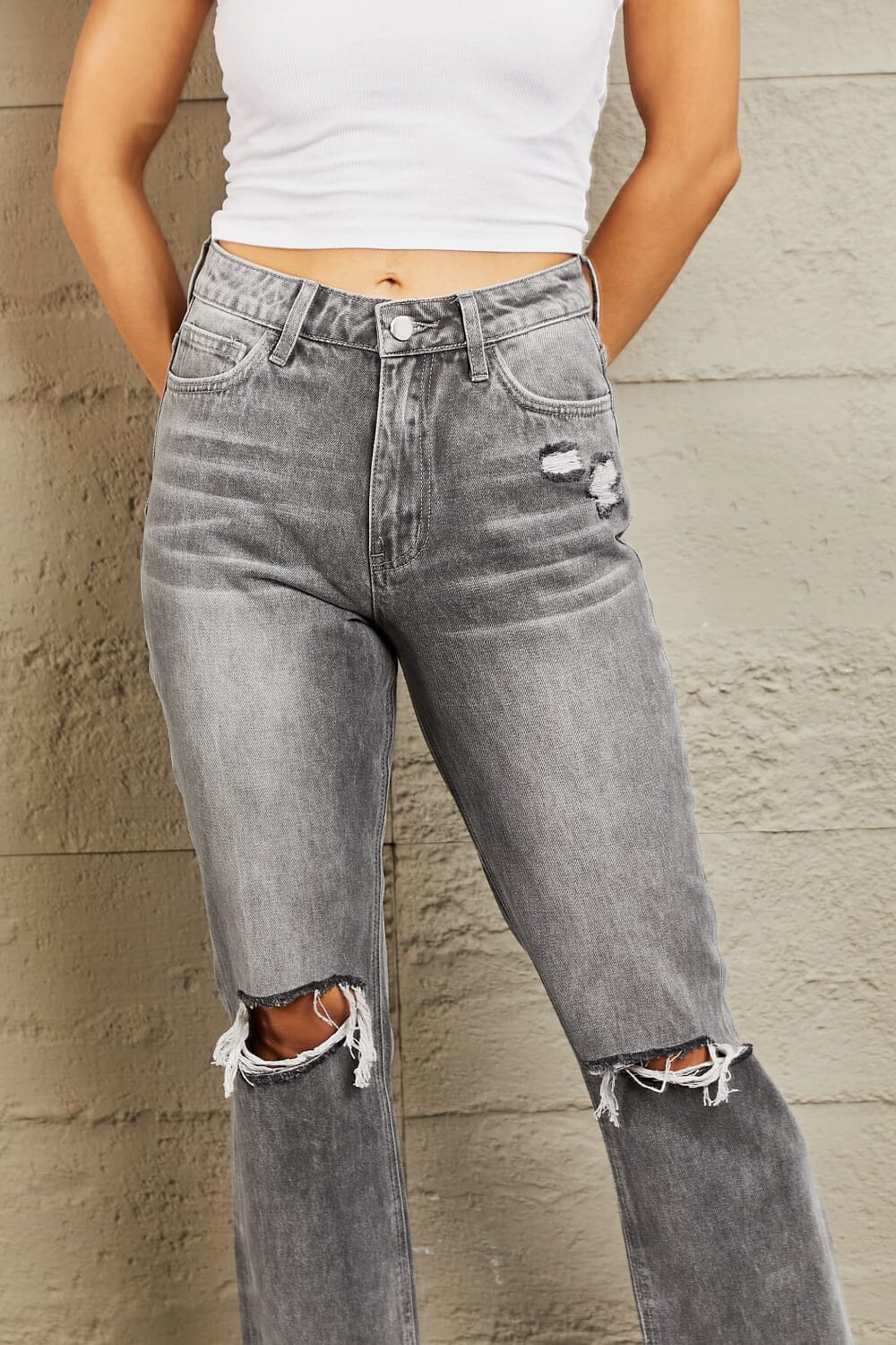 BAYEAS Heather Grey Stone Wash Distressed Cropped Straight Jeans jeans jehouze 