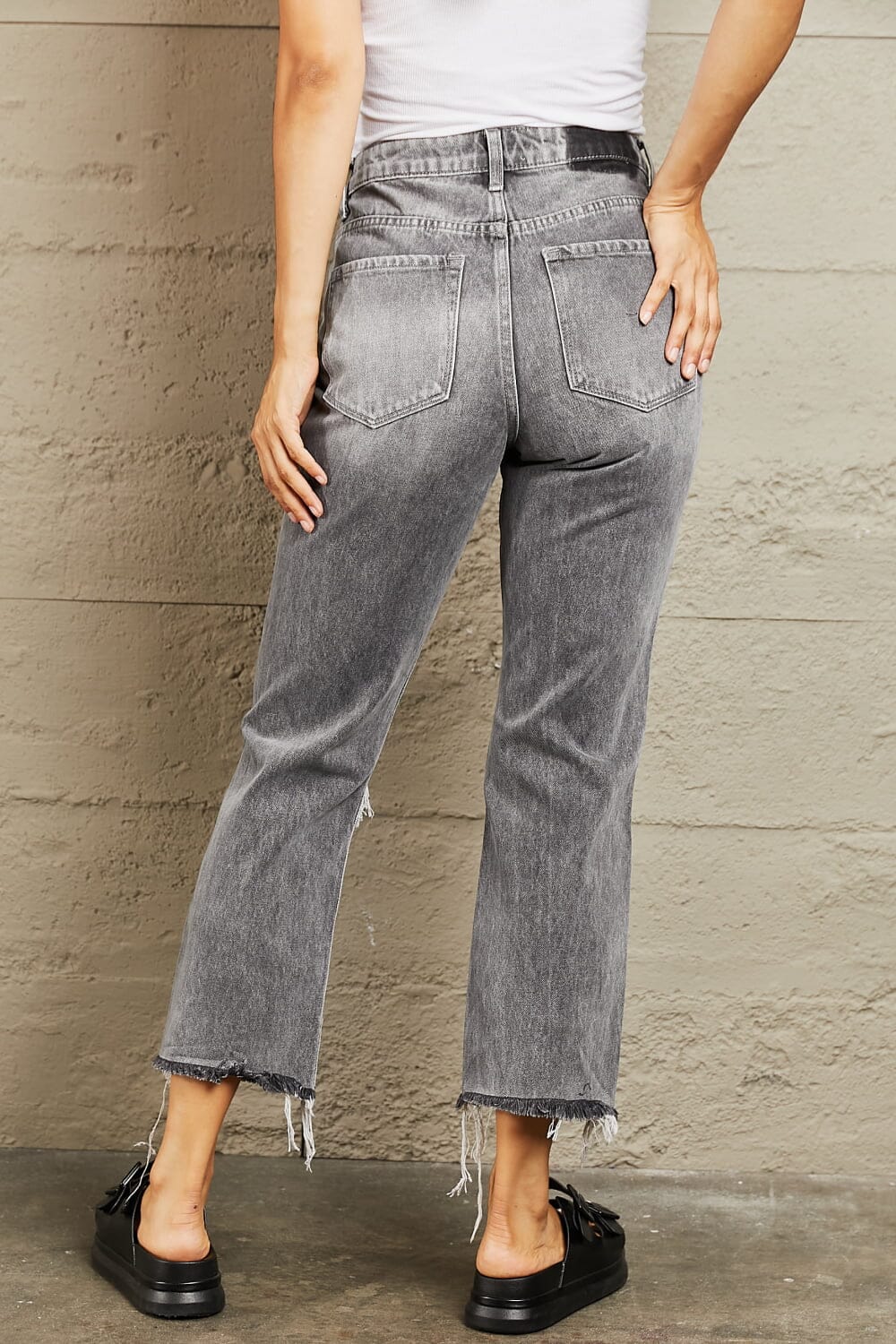 BAYEAS Heather Grey Stone Wash Distressed Cropped Straight Jeans jeans jehouze 
