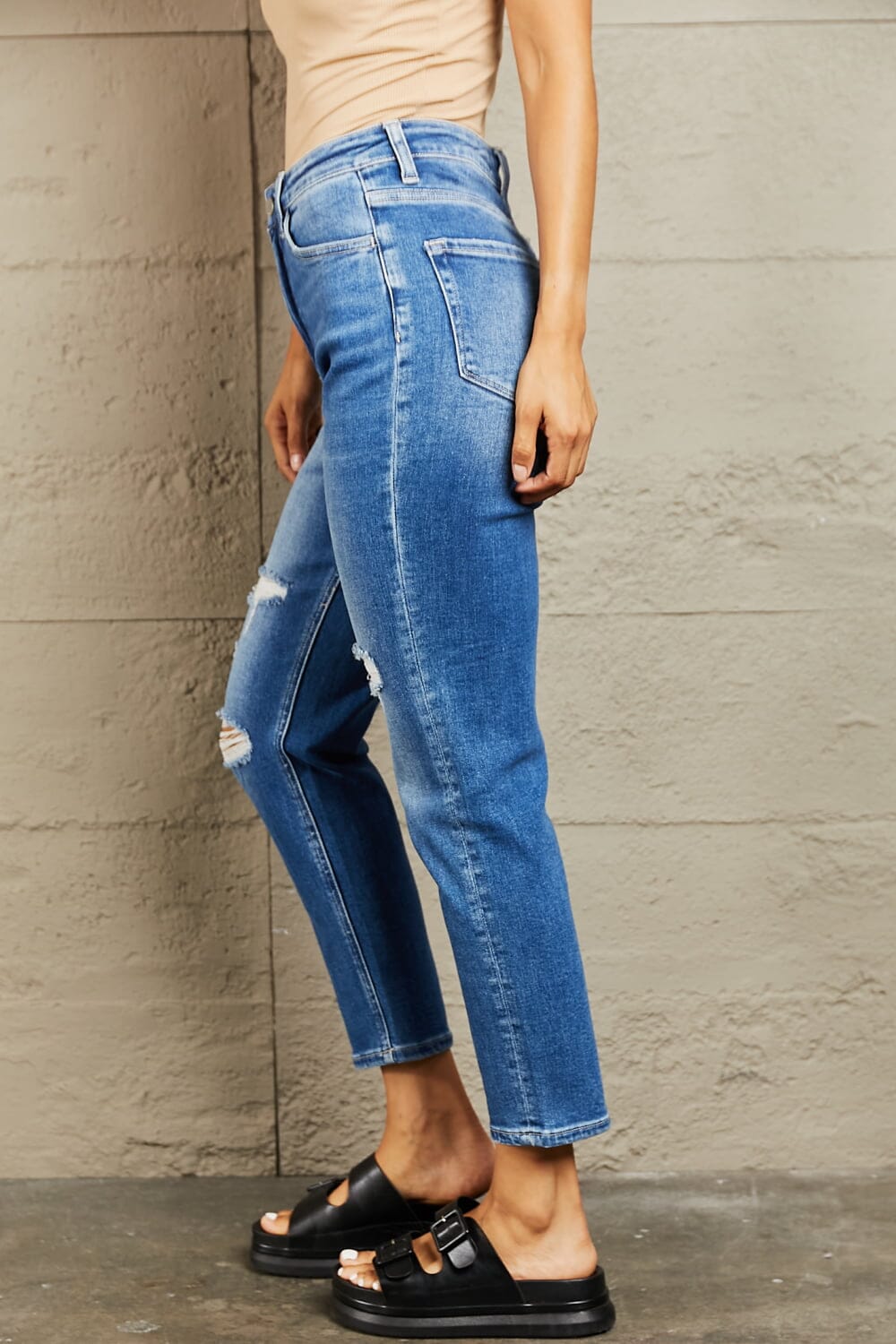 BAYEAS Medium Blue High Waisted Cropped Dad Jeans jeans jehouze 