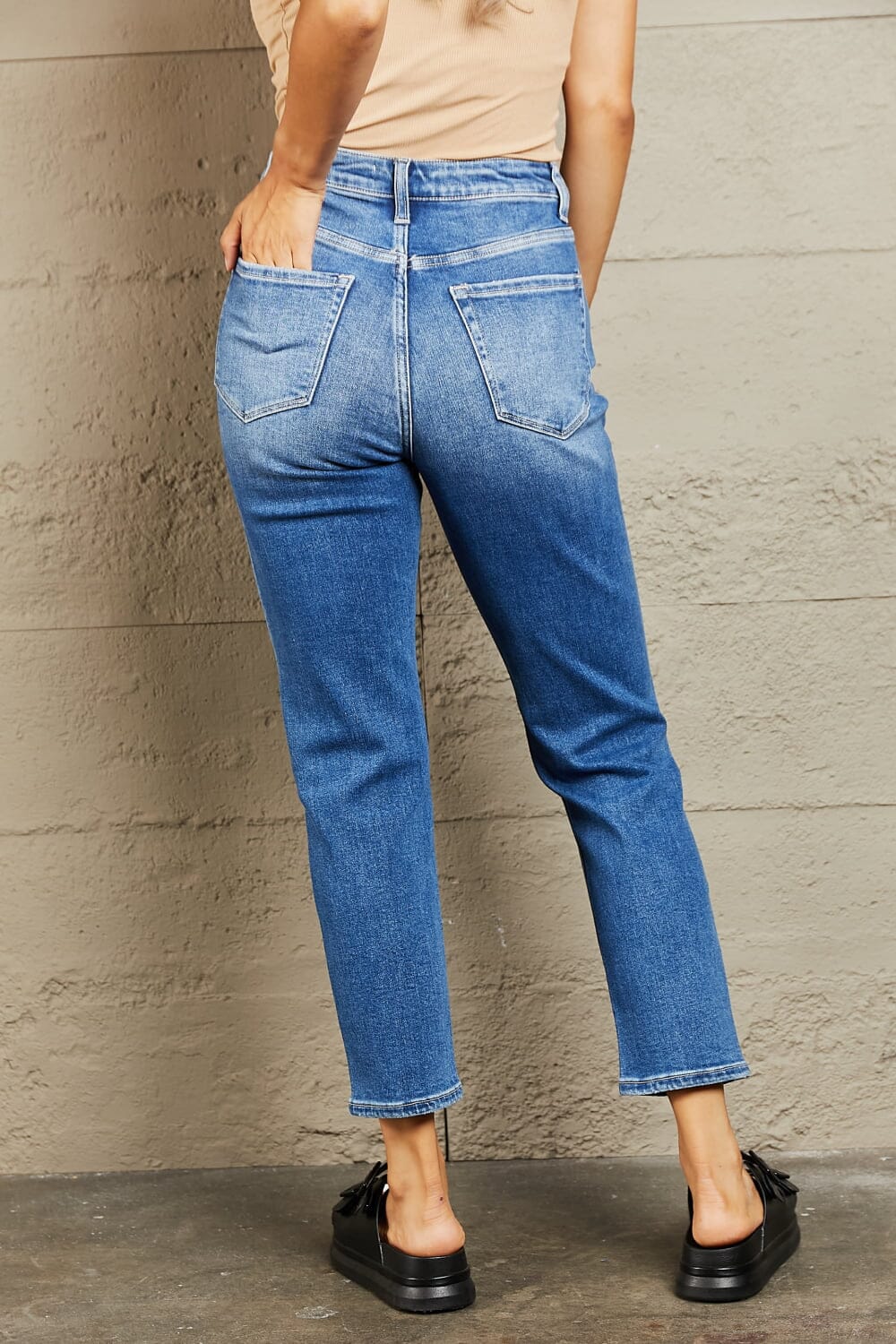 BAYEAS Medium Blue High Waisted Cropped Dad Jeans jeans jehouze 