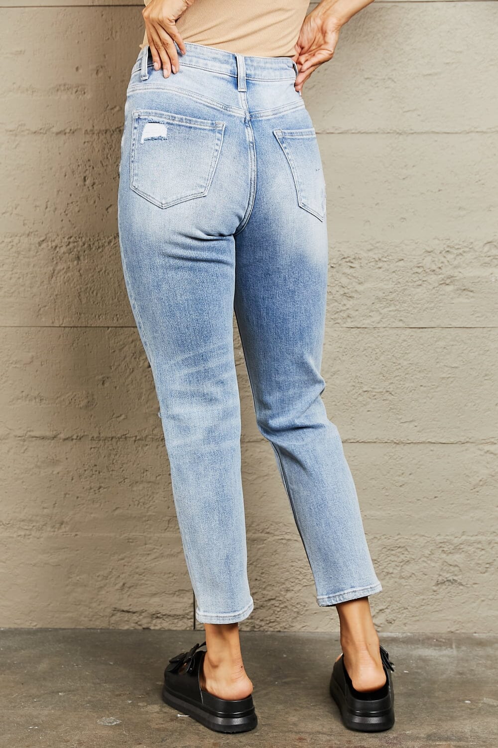 BAYEAS Medium Blue High Waisted Distressed Slim Cropped Jeans jeans jehouze 