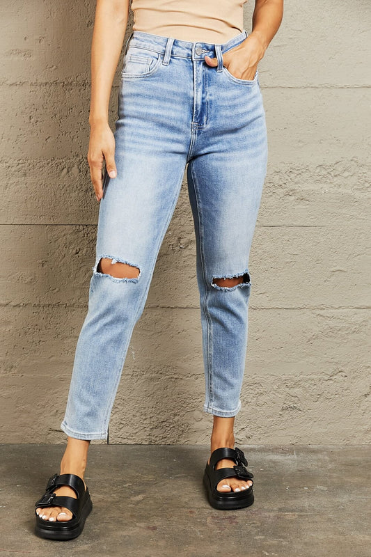 BAYEAS Medium Blue High Waisted Distressed Slim Cropped Jeans jeans jehouze Medium 24 