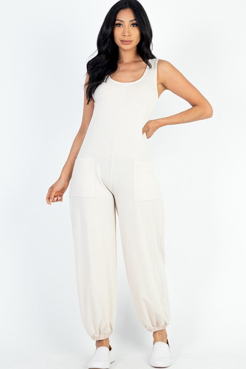 Beige Casual Solid French Terry Sleeveless Scoop Neck Front Pocket Jumpsuit_ Jumpsuits & Rompers jehouze 
