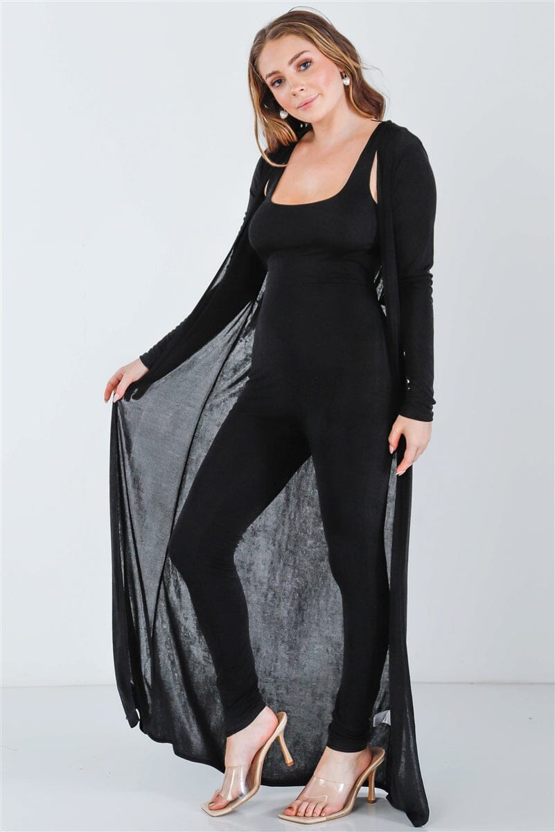 Black 2 pieces Sleeveless Cut-out Detail Slim Fit Jumpsuit & Open Front Long Sleeve Cardigan Loungewear Set jehouze 