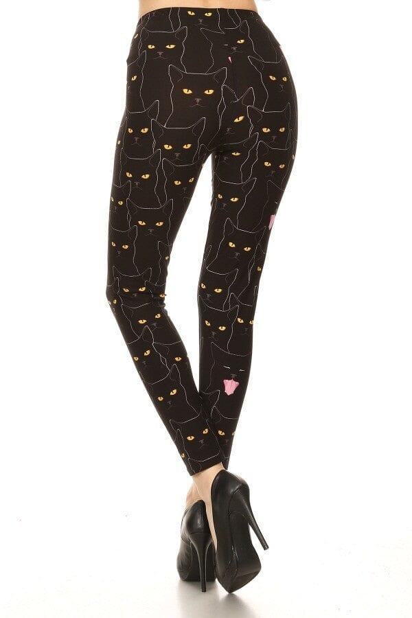 Black Cats Printed, High Waisted Leggings In A Fit Style, With An Elastic Waistband_ Bottoms jehouze 