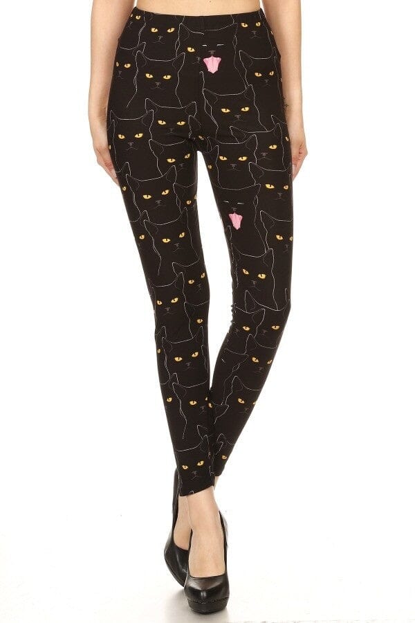 Black Cats Printed, High Waisted Leggings In A Fit Style, With An Elastic Waistband_ Bottoms jehouze 