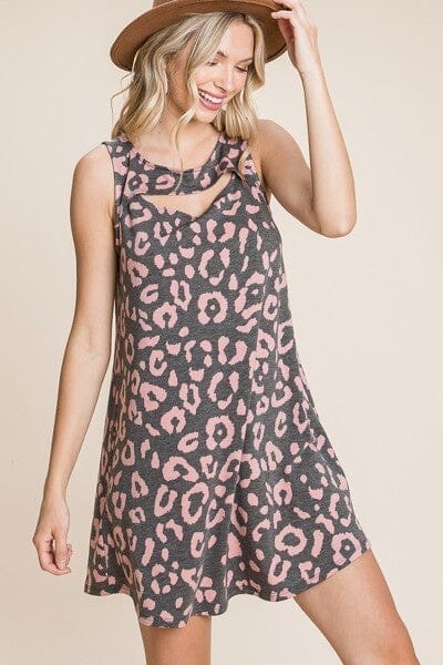 Black Cute Animal Print Cut Out Neckline Sleeveless Tunic Mini Dress_ Dresses jehouze 
