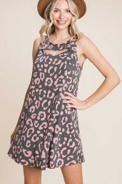 Black Cute Animal Print Cut Out Neckline Sleeveless Tunic Mini Dress_ Dresses jehouze 
