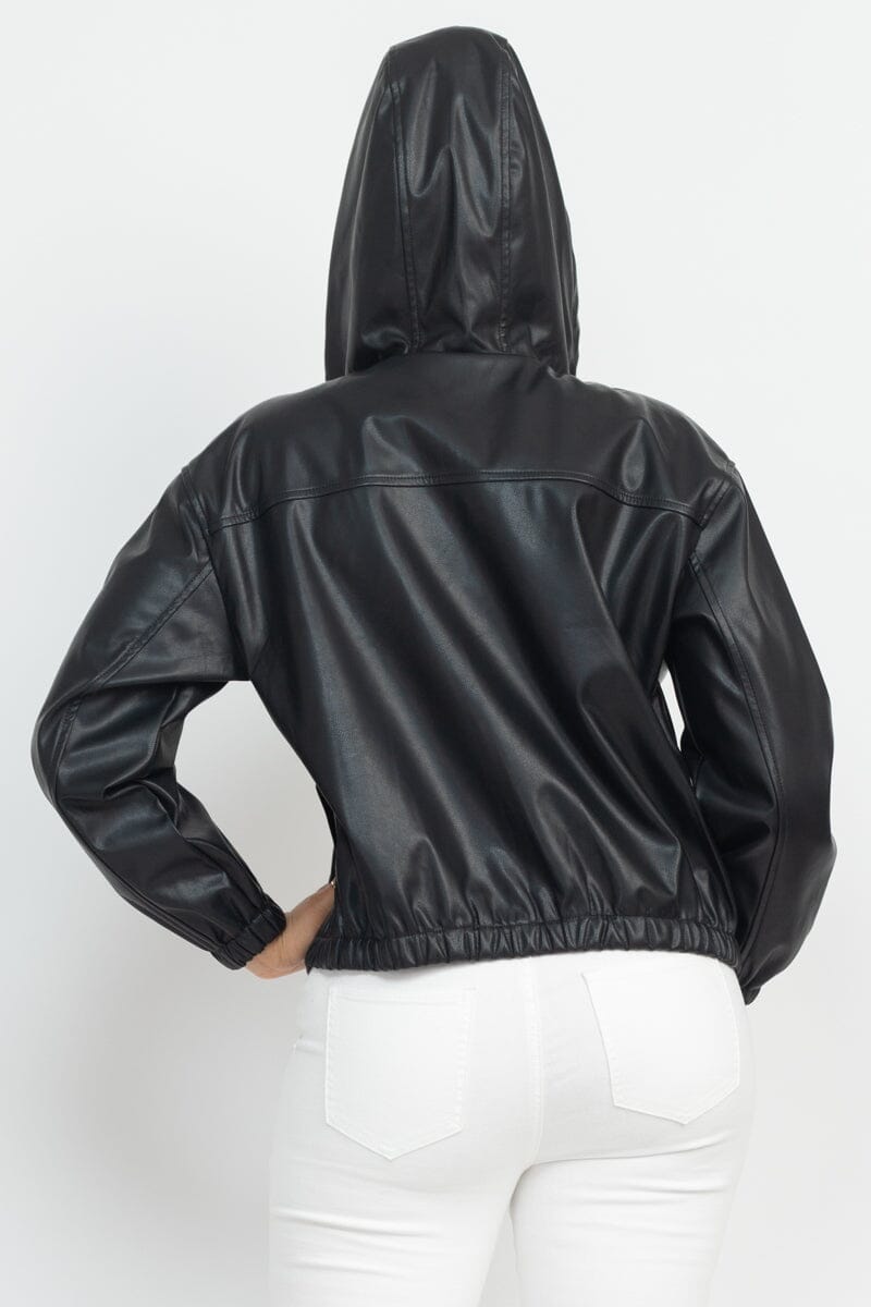 Black Faux Leather Hoodie Elastic Waist Front Zipper Jacket_ jehouze 