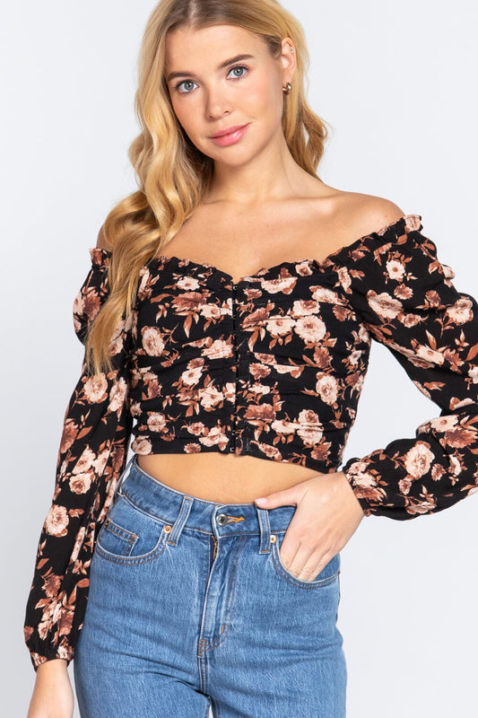 Black Hook & Eye Detail Floral Off Shoulder Long Sleeve short cami crop tank Top_ Shirts & Tops jehouze 