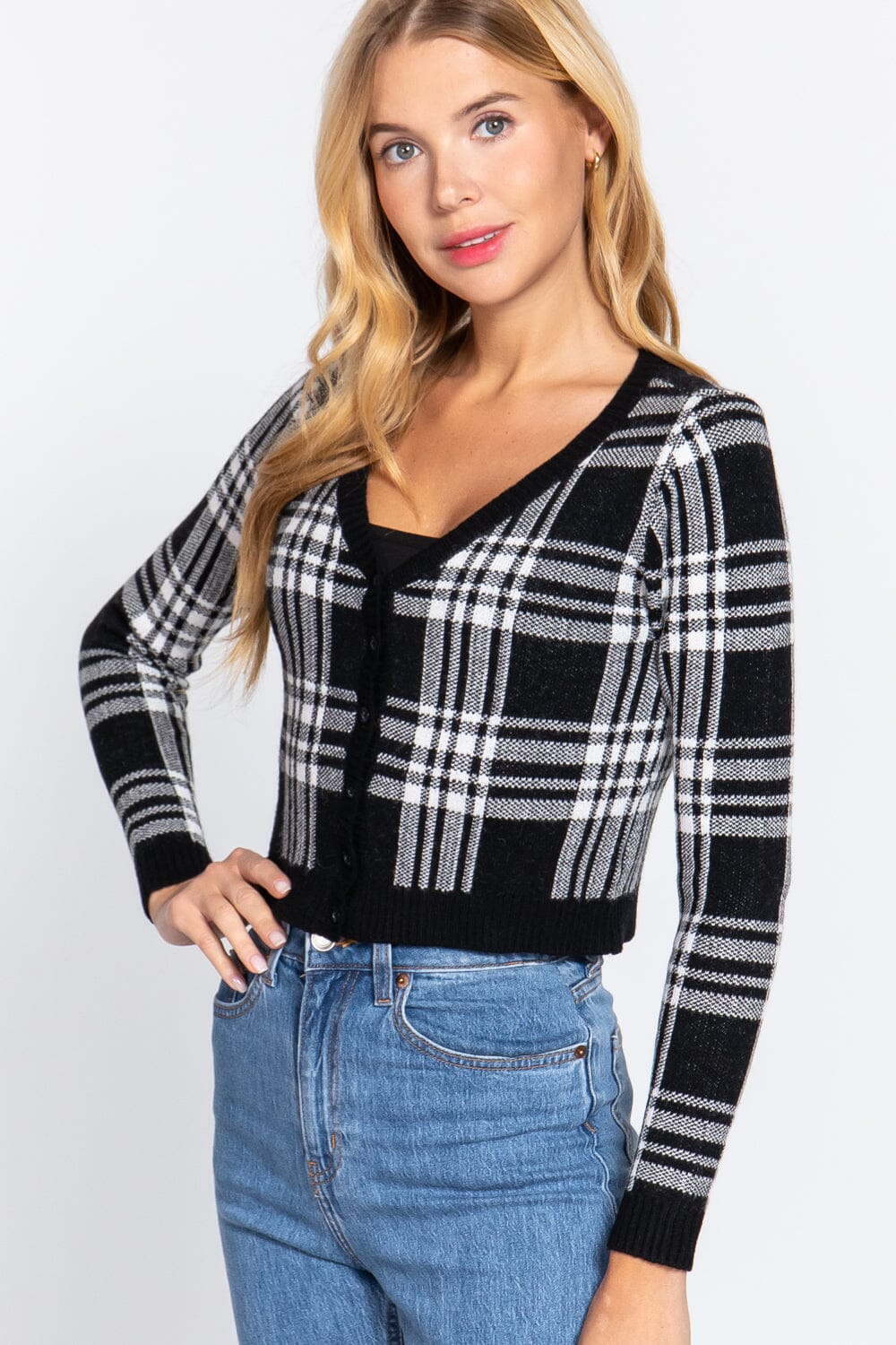 Black Long Sleeve V neck Fitted Button Down Plaid Sweater Cardigan_ jehouze 