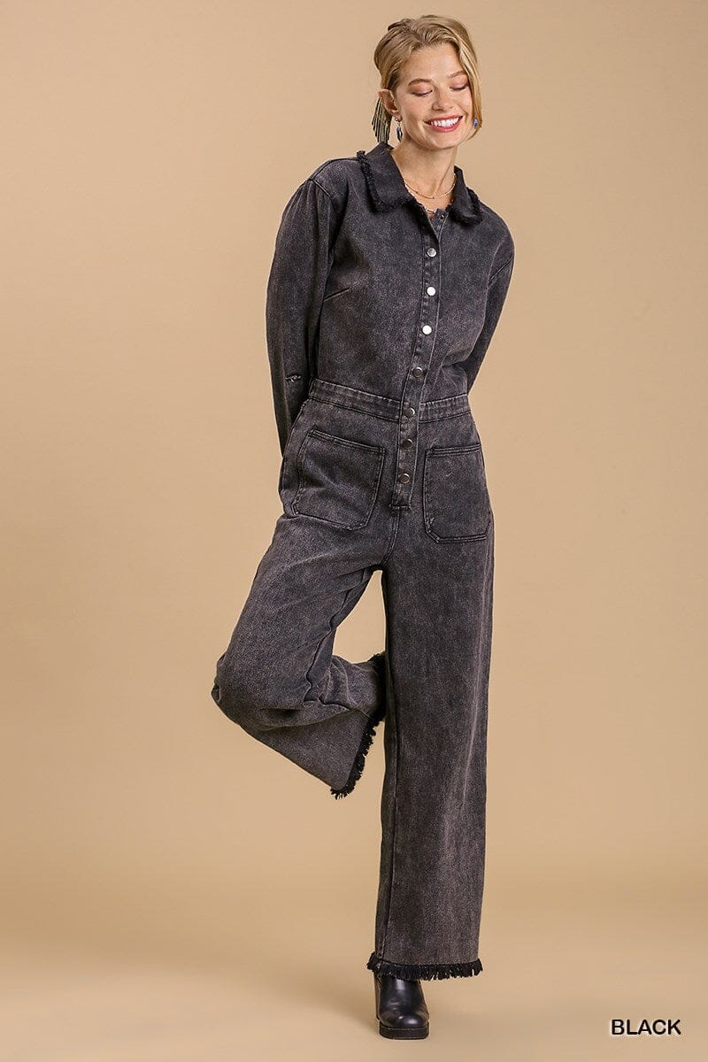Black Mid button down stone wash wide leg distressed jumpsuit & side pockets with no lining jehouze 