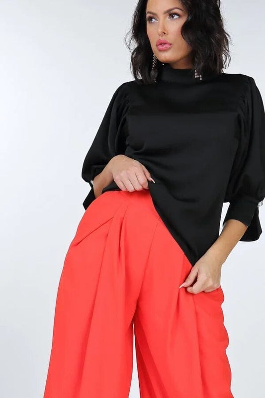 Black Mock Neck Puff Sleeve Blouse With Pearl Buttons Tops_ Shirts & Tops jehouze 