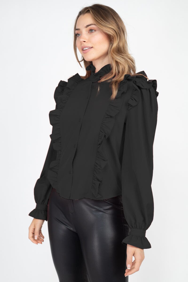 Black Mock Neck Ruffled Long Cuff Sleeves Button Down Top jehouze 