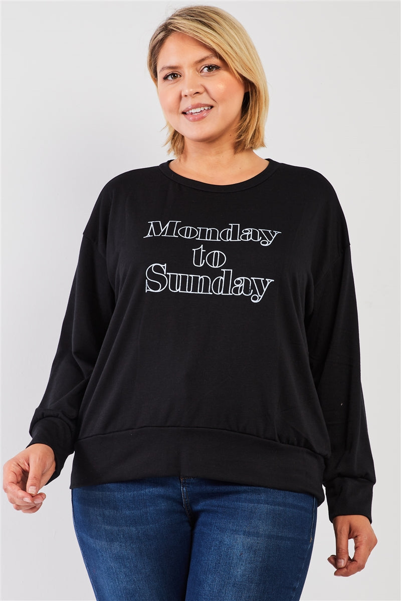 Black "monday Sunday" Print Long Sleeve Relaxed Sweatshirt Top_ Shirts & Tops jehouze 