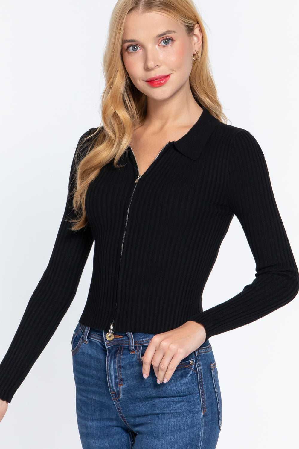 Black Notched Collar Front Zip Long Sleeve Slim Fit Stretchy Knit Sweater Top_ Shirts & Tops jehouze 