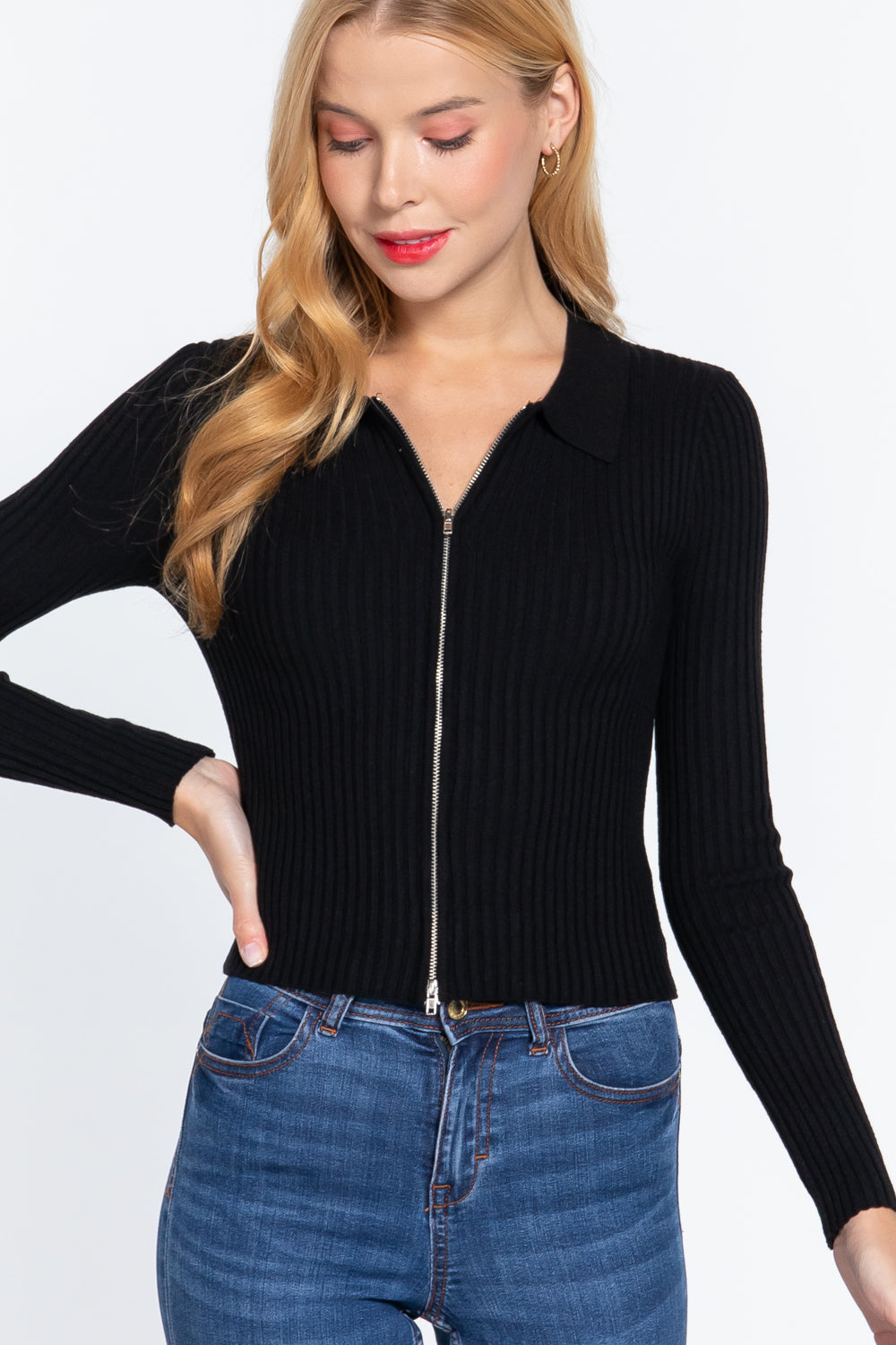 Black Notched Collar Front Zip Long Sleeve Slim Fit Stretchy Knit Sweater Top_ Shirts & Tops jehouze 
