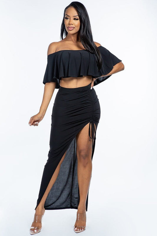 Black Off The Shoulder Ruffled Cropped Top And Ruched Maxi Skirt outfit Set_ Matching Sets jehouze 