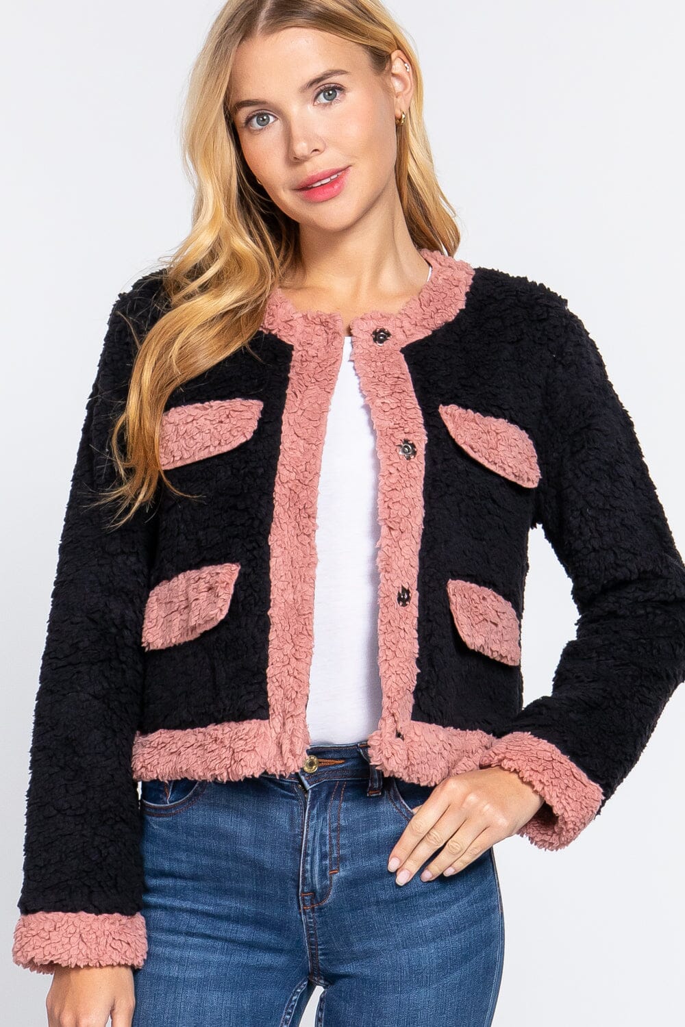 Black Pink Long Sleeve Pocket Detail Faux Fur Jacket_ Coats & Jackets jehouze 