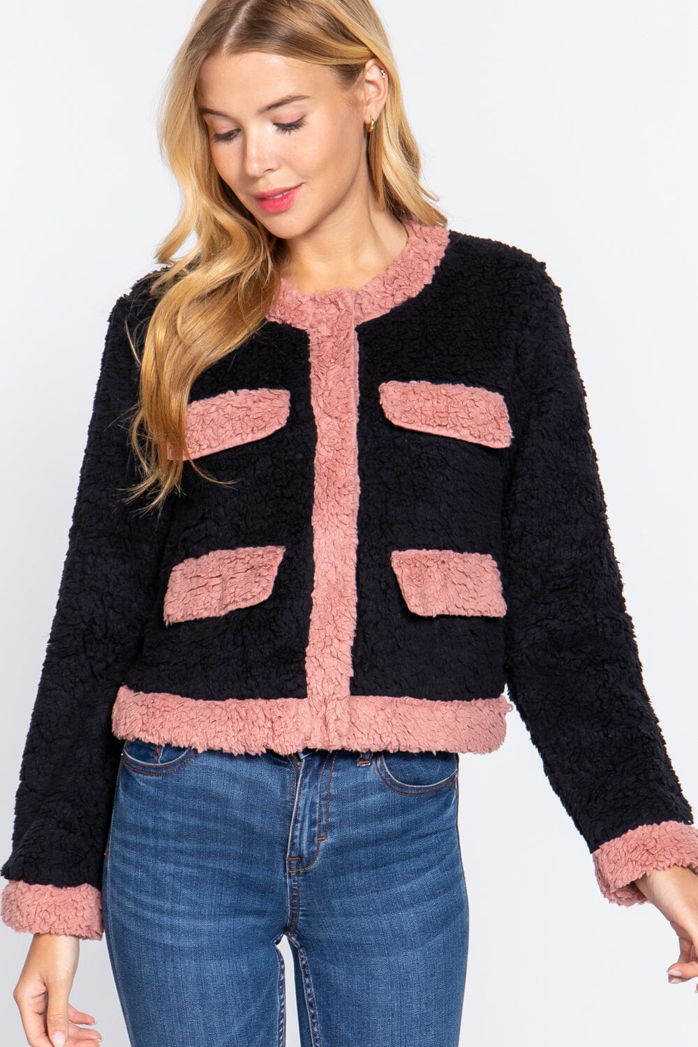 Black Pink Long Sleeve Pocket Detail Faux Fur Jacket_ Coats & Jackets jehouze 