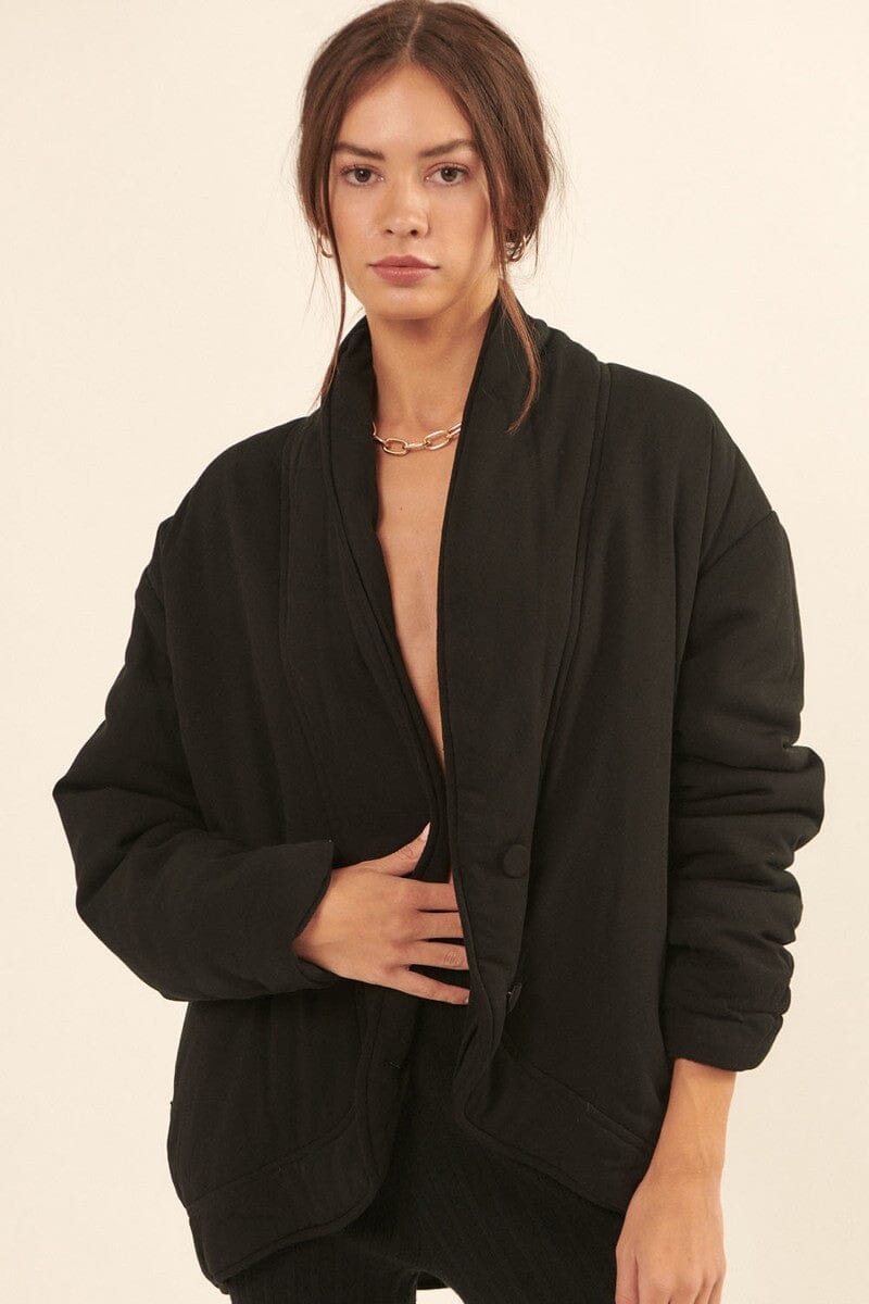 Black Shawl Collar Long Sleeve Button Front Side Pocket Relaxed Fit Jacket_ jehouze 