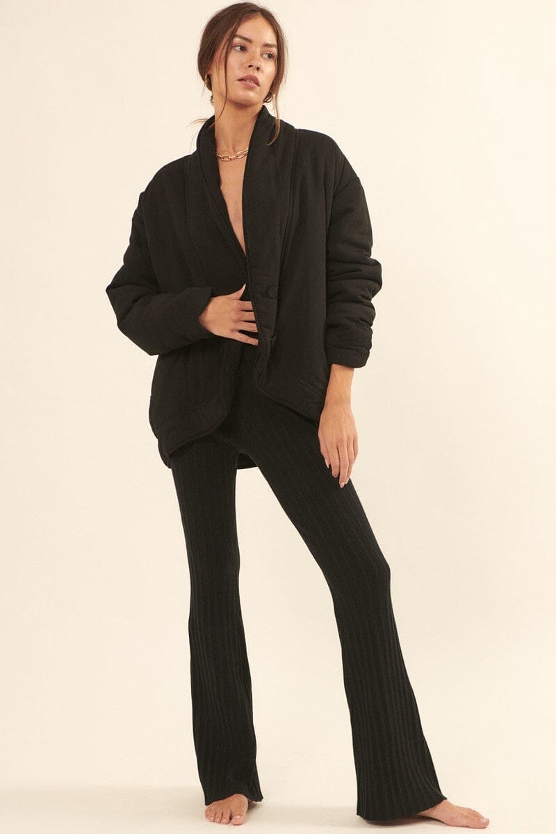 Black Shawl Collar Long Sleeve Button Front Side Pocket Relaxed Fit Jacket_ jehouze 