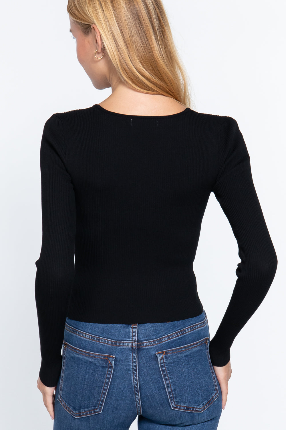 Black Shirring Sweetheart Neck Long Sleeve Elegant Slim Fit Sweater Top_ Shirts & Tops jehouze 