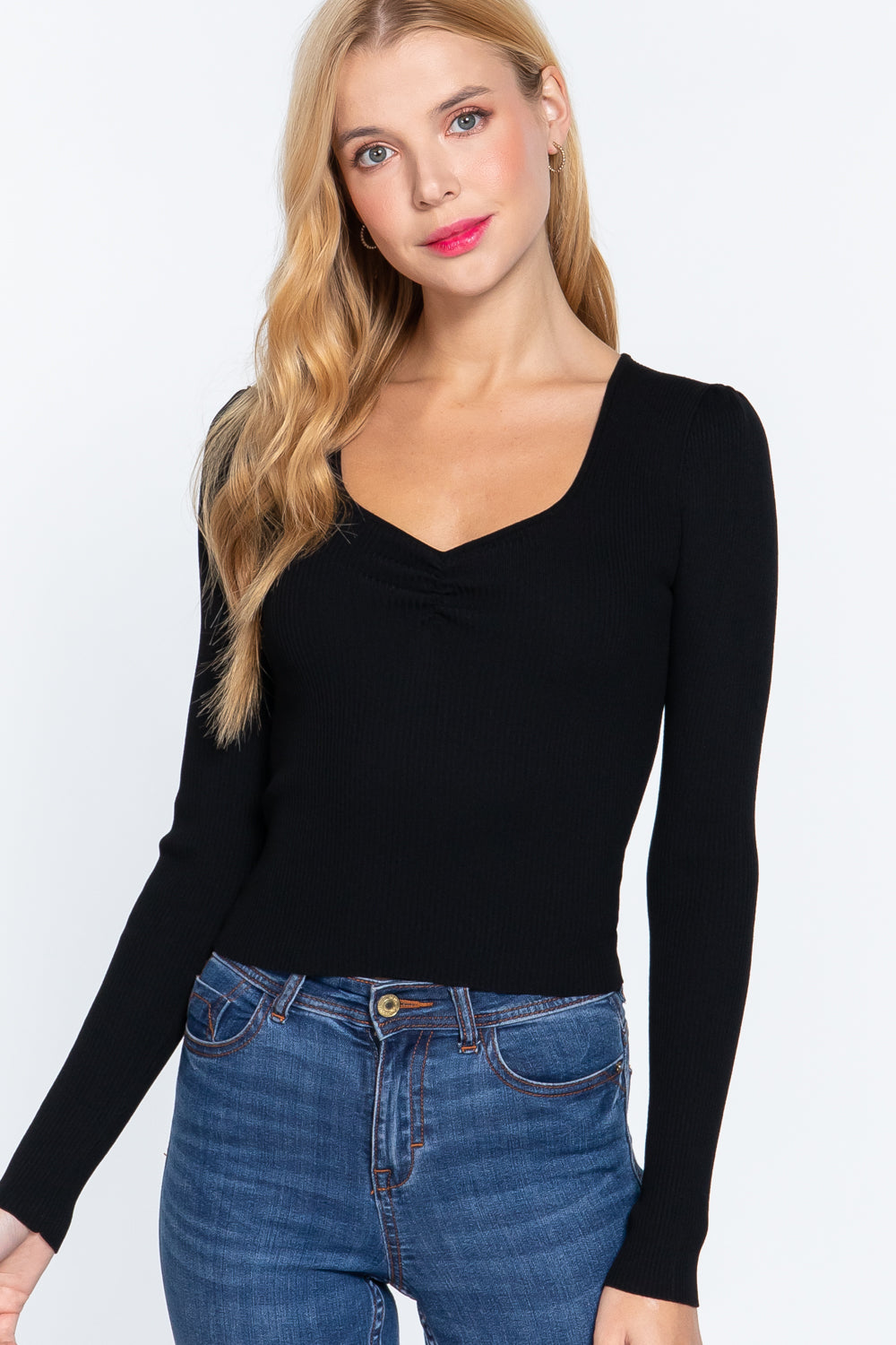 Black Shirring Sweetheart Neck Long Sleeve Elegant Slim Fit Sweater Top_ Shirts & Tops jehouze 