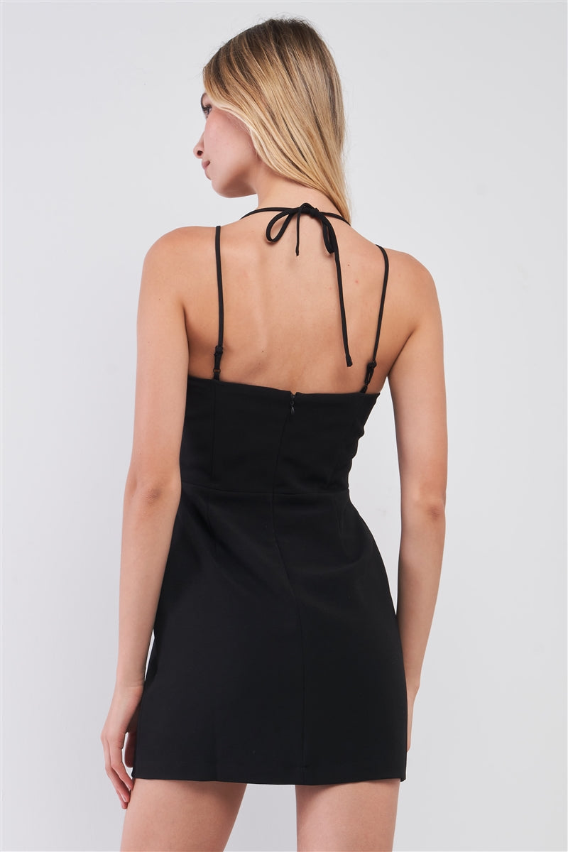 Black Slim Fit Sleeveless V-neck Front Corset Inspired Tie-up Detail Cocktail Mini Dress Dresses jehouze 