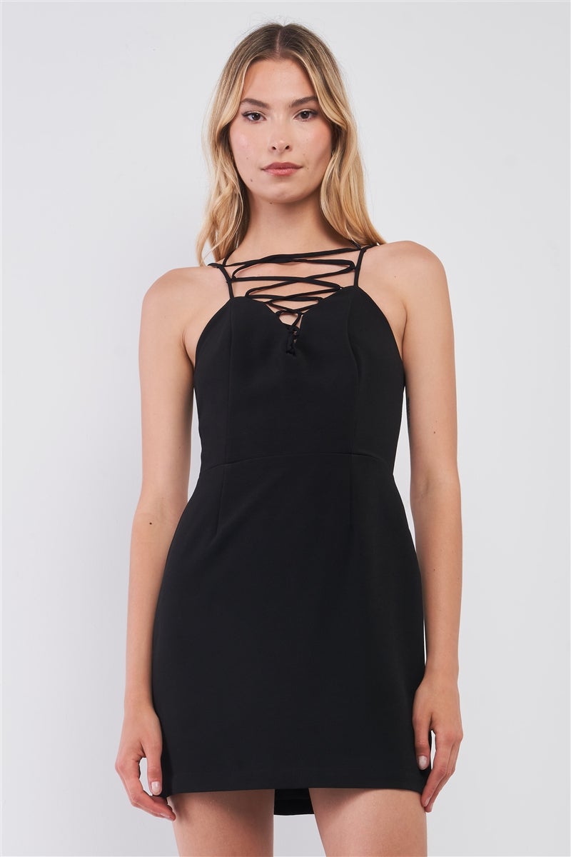 Black Slim Fit Sleeveless V-neck Front Corset Inspired Tie-up Detail Cocktail Mini Dress Dresses jehouze 
