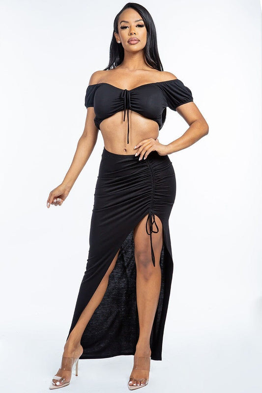 Black Solid Ruched Front Off The Shoulder Short Sleeve Cropped Top And Side Ruched Asymmetrical Skirt Two Piece Set_ Matching Sets jehouze 