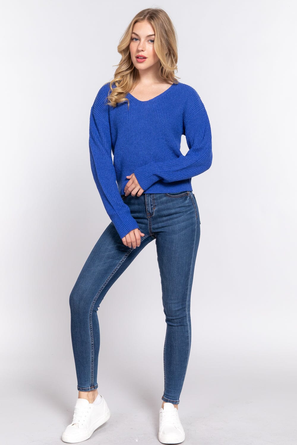 Blue Dolman Long Sleeve Strappy Open Back Sweater Top Shirts & Tops jehouze S 
