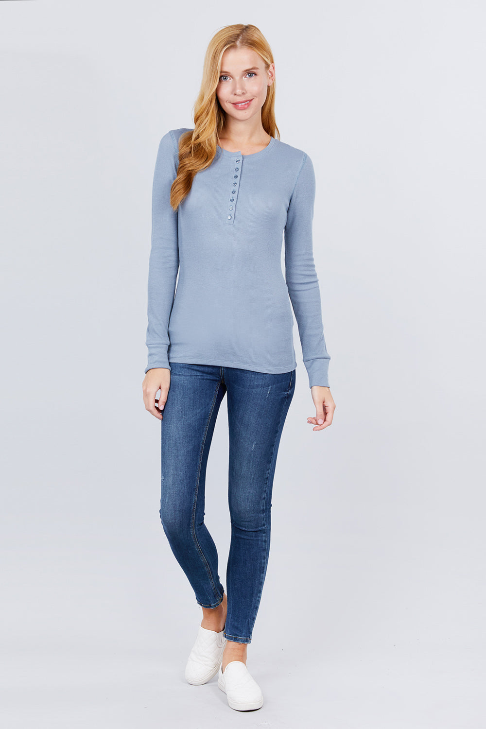 Blue Long Sleeve Waffle Knit Stretch Cotton Henley Thermal Top Shirt_ Shirts & Tops jehouze 