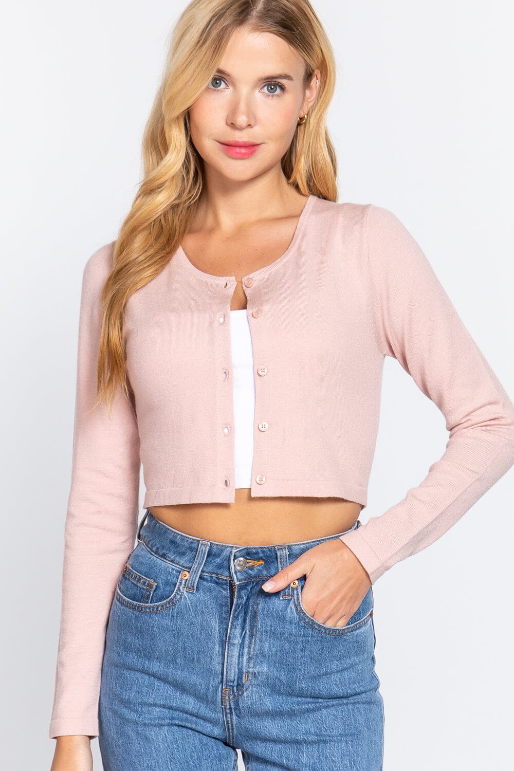 Blush Pink Button Down Round Neck Long Sleeve Cropped Cardigan