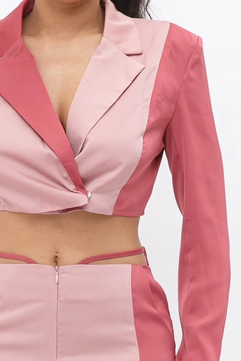Blush Pink Colorblock Crop Blazer and low rise wide leg pant set_ Outfit Sets jehouze 