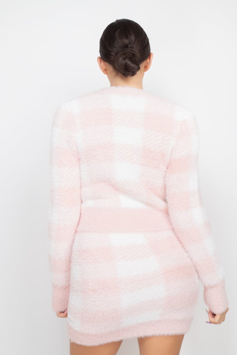 Blush Pink Plaid Front Button Long Sleeve V Neck Crop Sweater Cardigan Top_ Coats & Jackets jehouze 
