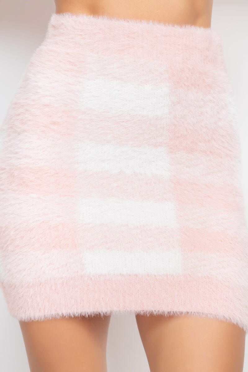 Blush Pink Plaid Fuzzy knit High Waist Bodycon Pencil Mini Skirt_ Skirts jehouze 