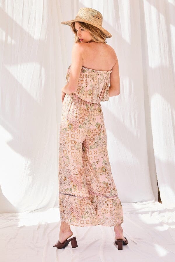 Blush Pink Tube Top With Tier Ruffle Waist Elastic Bottom Lace Trim Jumpsuit_ Jumpsuits & Rompers jehouze 