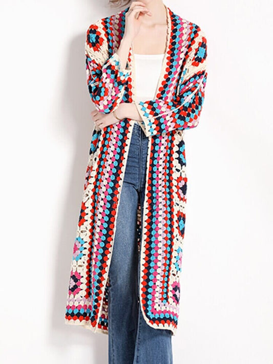 Bohemia Colored Plaid Flower Granny Square Hand Crochet Open Front Long Cardigan_ jehouze 