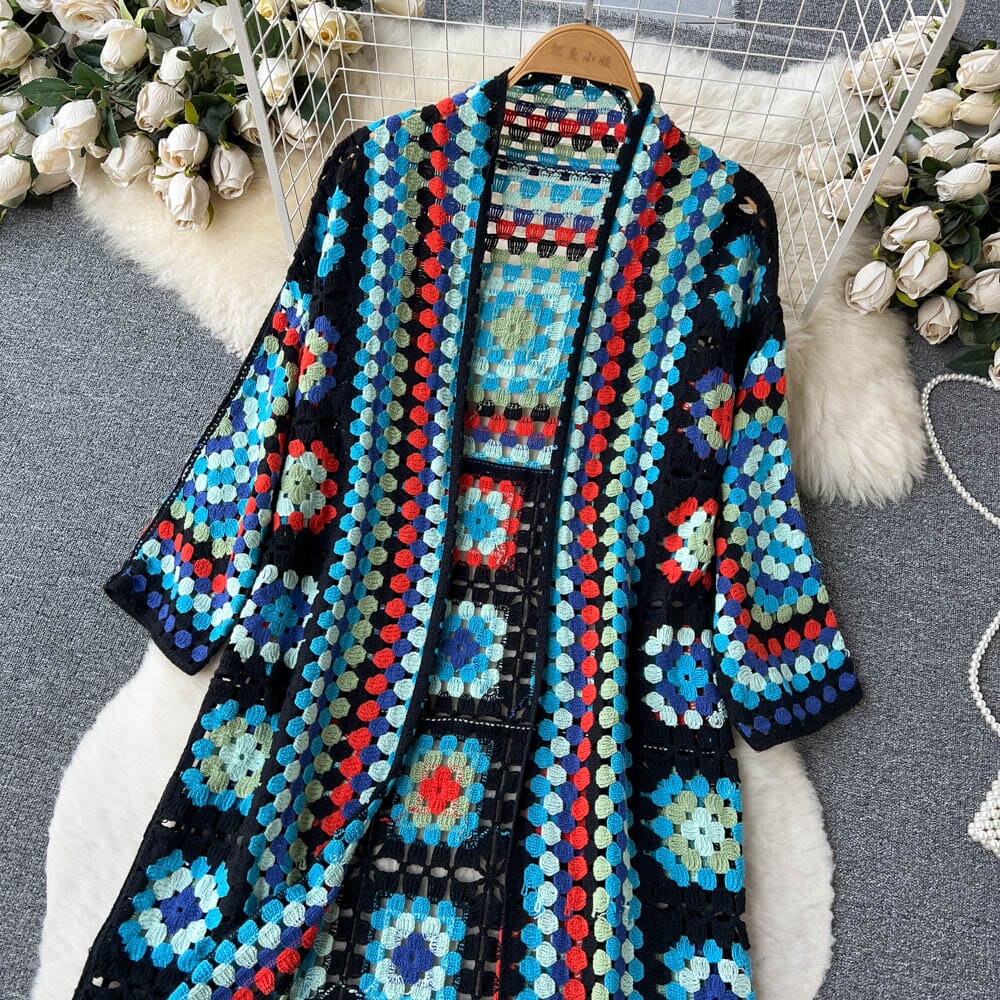 Bohemia Colored Plaid Flower Granny Square Hand Crochet Open Front Long Cardigan_ jehouze 